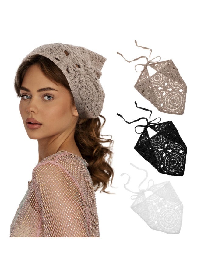 3 Pcs Crochet Bandana, Hair Scarf Crochet Head Scarf Tie Knitted Headscarf Black White Bandana Vintage Hairband Floral Head Kerchief Cutout Summer Beige Bandanas Retro Boho Kerchief for Styling - Image 1